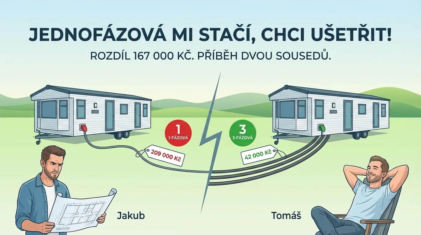 "Jednofázová mi stačí, chci ušetřit!" Jakub zaplatil 167 000 Kč za předělávku přípojky. Tomáš vzal třífázovou rovnou a ušetřil.