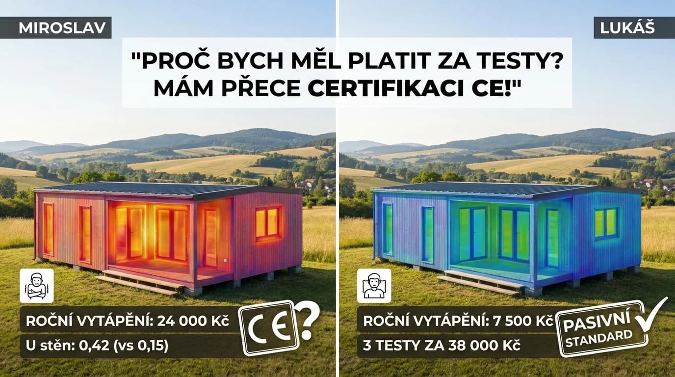 "Proč bych měl platit za testy? Mám přece certifikaci CE!" Miroslav zaplatil 2 150 000 Kč za pasivní dům, který spotřebuje trojnásobek energie. Lukáš zaplatil 38 000 Kč za testy – a odmítl převzít.