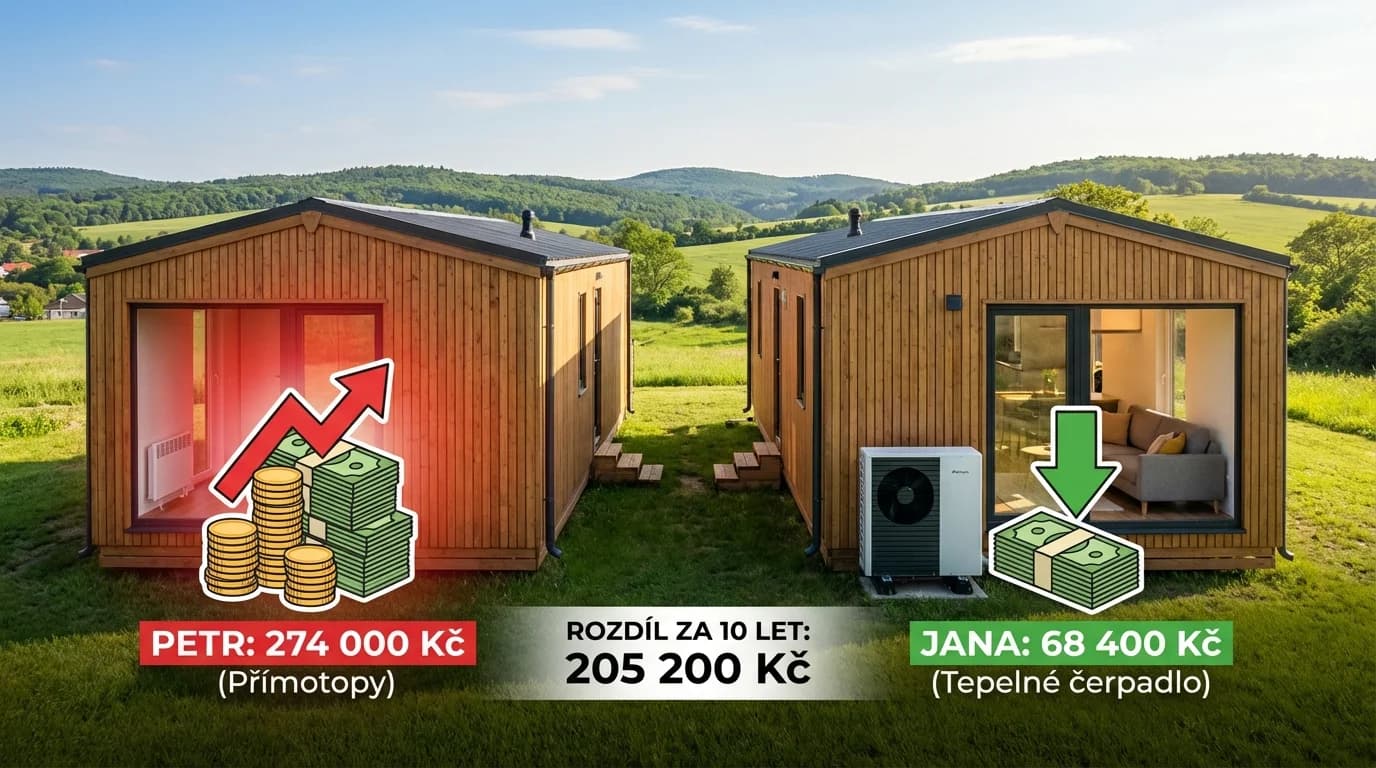 "Tepelné čerpadlo? To je moc drahé! Dám si levné přímotopy." Petr zaplatil za 10 let 274 000 Kč, Jana 68 400 Kč.