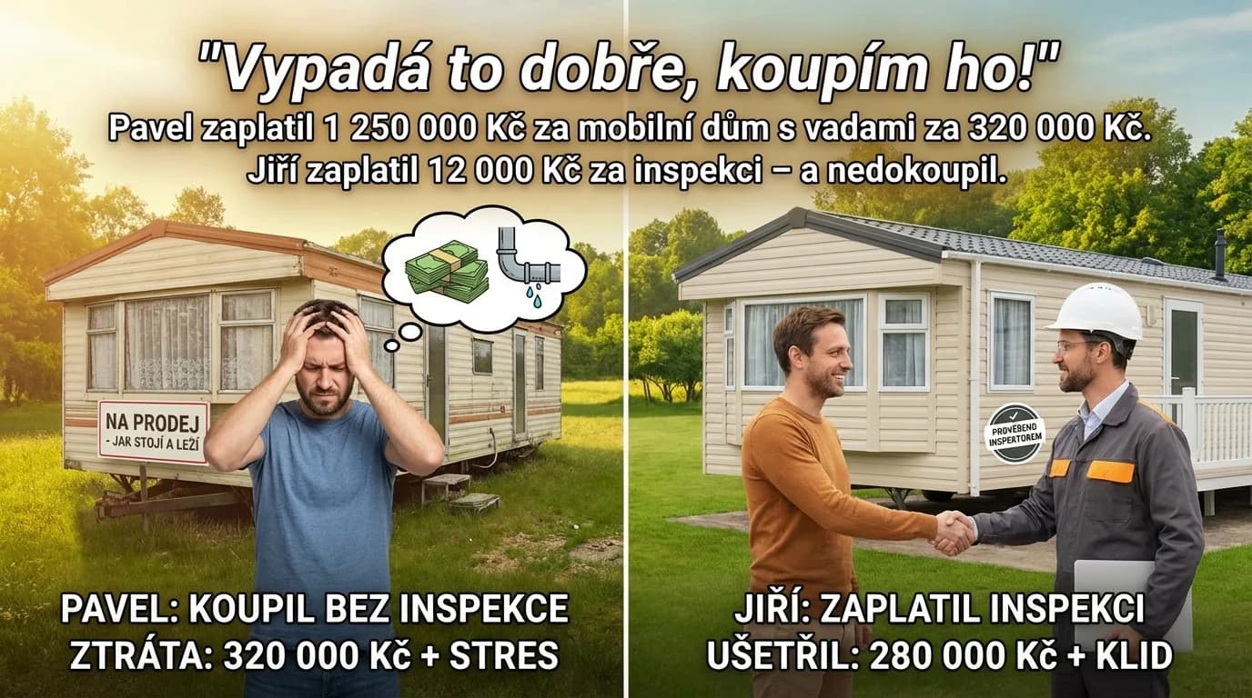 "Vypadá to dobře, koupím ho!" Pavel zaplatil 1 250 000 Kč za mobilní dům s vadami za 320 000 Kč. Jiří zaplatil 12 000 Kč za inspekci – a nedokoupil.