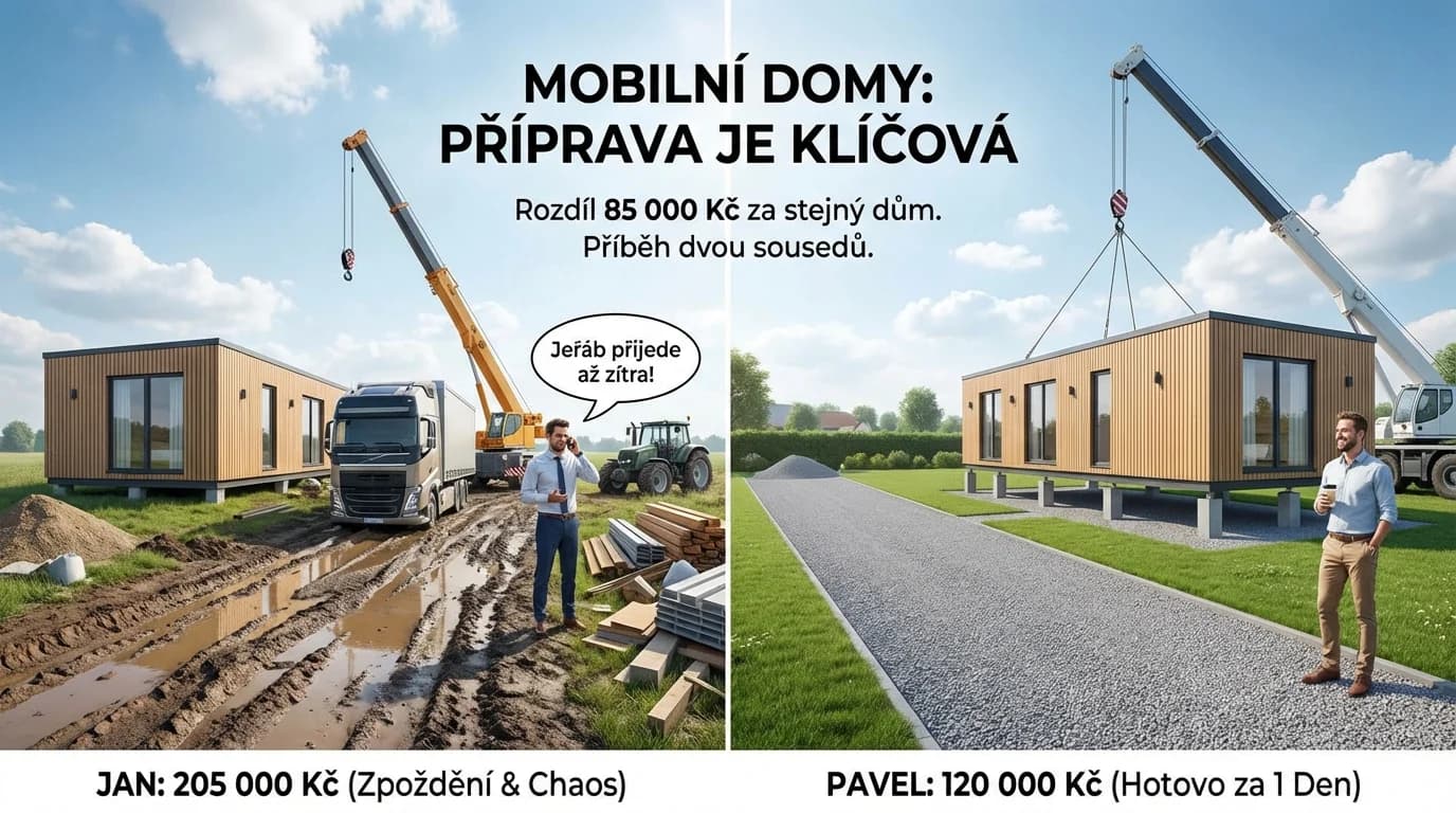 "Jeřáb přijede až zítra!" Jan zaplatil o 85 000 Kč více, protože nepřipravil přístupovou cestu. Pavel měl dům hotový za jeden den.