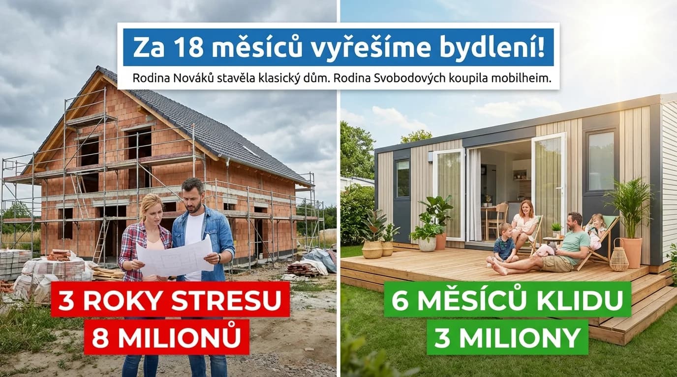 "Za 18 měsíců vyřešíme bydlení!" Rodina Nováků stavěla klasický dům. Rodina Svobodových koupila mobilheim. Rozdíl? 3 roky stresu vs. 6 měsíců klidu. A 8 milionů vs. 3 miliony.